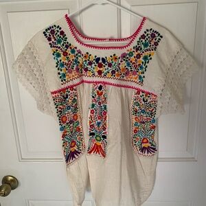 Embroidered Cream Mexican Top with Multicolor Accents, Size Large
